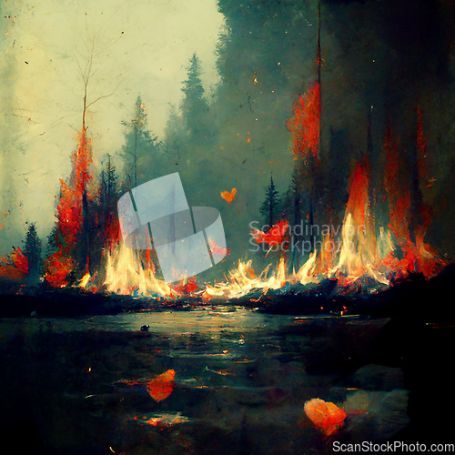 Image of Burning forest spruces in fire flames, nature disaster concept  