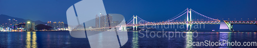 Image of Gwangan Bridge and skyscrapers in the night. Busan, South Korea