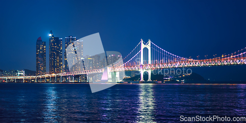 Image of Gwangan Bridge and skyscrapers in the night. Busan, South Korea