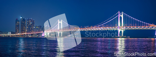 Image of Gwangan Bridge and skyscrapers in the night. Busan, South Korea