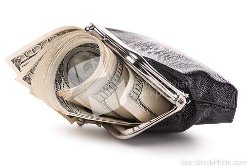 Image of Black leather purse and dollars