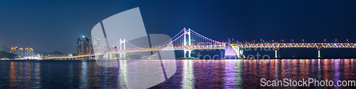 Image of Gwangan Bridge and skyscrapers in the night. Busan, South Korea