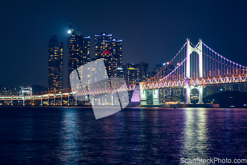 Image of Gwangan Bridge and skyscrapers in the night. Busan, South Korea