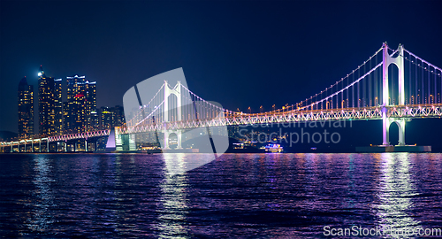 Image of Gwangan Bridge and skyscrapers in the night. Busan, South Korea