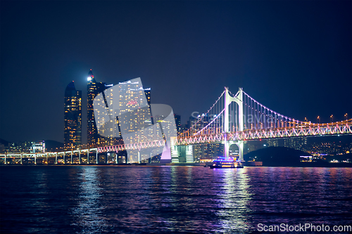 Image of Gwangan Bridge and skyscrapers in the night. Busan, South Korea