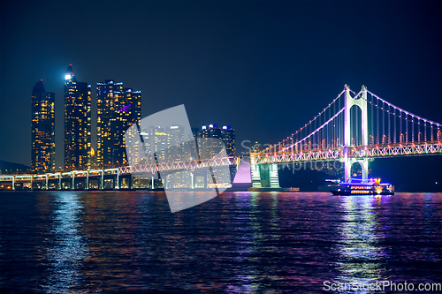 Image of Gwangan Bridge and skyscrapers in the night. Busan, South Korea