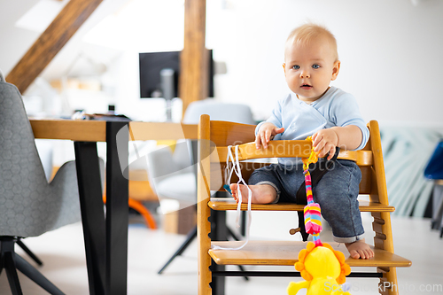 Image of Happy infant sitting and playing with his toy in traditional scandinavian designer wooden high chair in modern bright atic home. Cute baby.