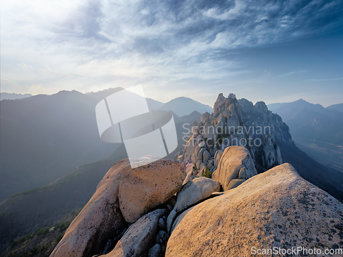 Image of View from Ulsanbawi rock peak on sunset. Seoraksan National Park, South Corea