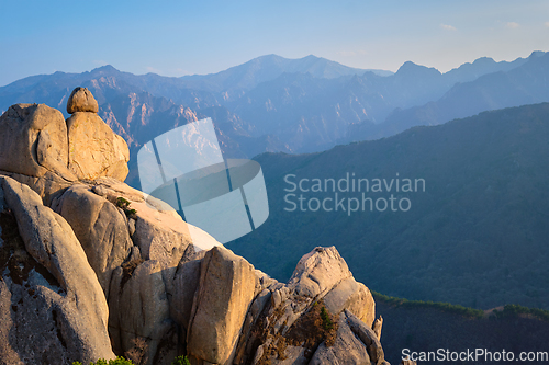 Image of View from Ulsanbawi rock peak on sunset. Seoraksan National Park, South Corea