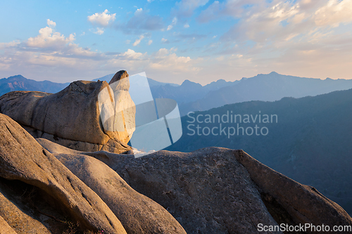 Image of View from Ulsanbawi rock peak on sunset. Seoraksan National Park, South Corea