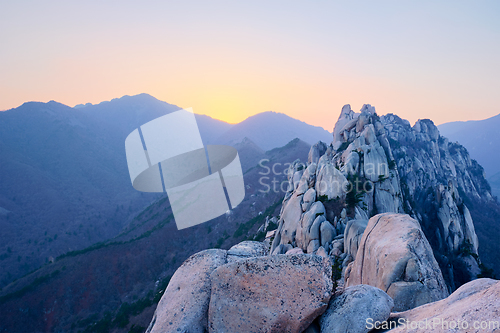 Image of View from Ulsanbawi rock peak on sunset. Seoraksan National Park, South Corea