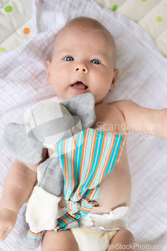 Image of Cute baby boy playing with hanging toys arch on mat at home Baby activity and play center for early infant development. Baby playing at home