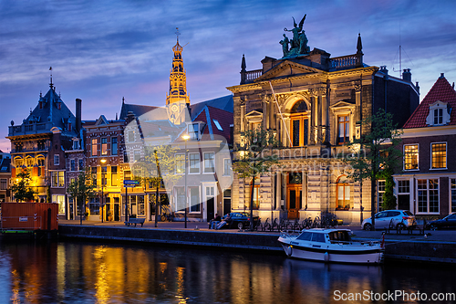 Image of Canal and houses in the evening. Haarlem, Netherlands