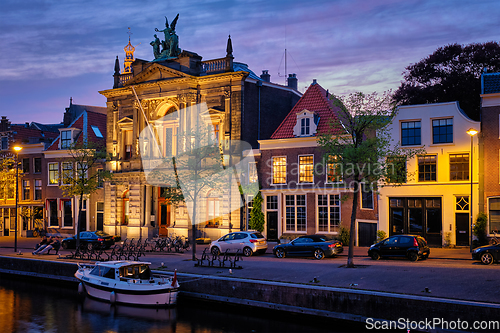 Image of Canal and houses in the evening. Haarlem, Netherlands
