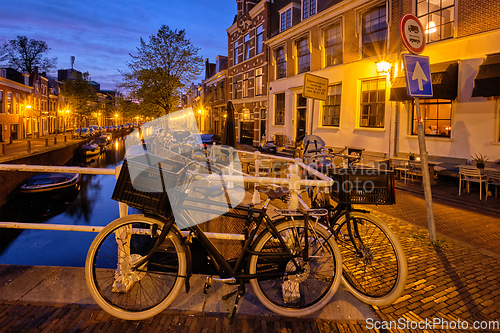 Image of Canal and houses in the evening. Haarlem, Netherlands