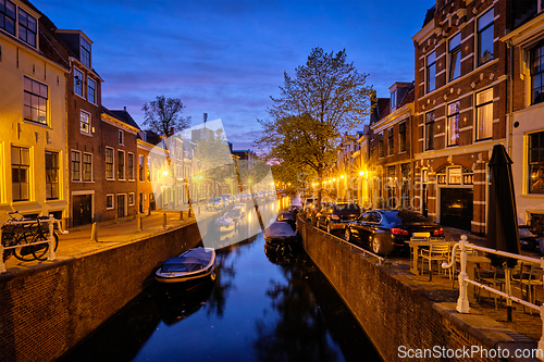 Image of Canal and houses in the evening. Haarlem, Netherlands