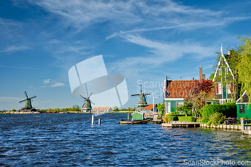 Image of Windmills at Zaanse Schans in Holland. Zaandam, Netherlands