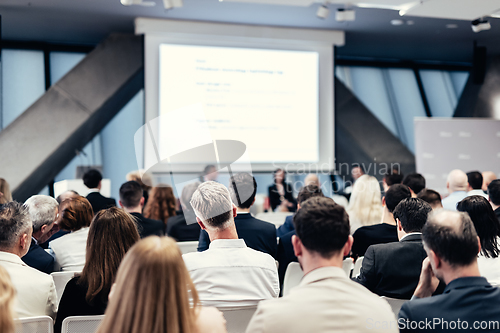 Image of Round table discussion at business conference meeting event.. Audience at the conference hall. Business and entrepreneurship symposium.