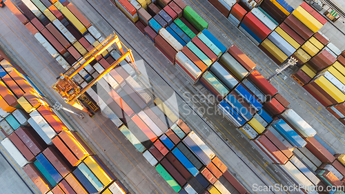 Image of Aerial view of shipping container port terminal. Colourful pattern of containers in harbor. Maritime logistics global inport export trade transportation.
