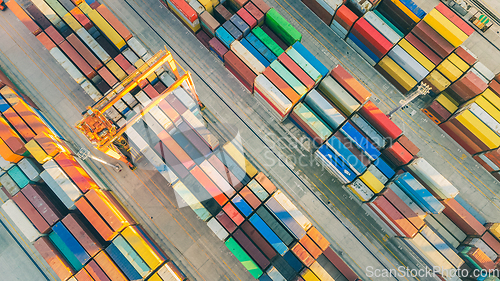 Image of Aerial view of shipping container port terminal. Colourful pattern of containers in harbor. Maritime logistics global inport export trade transportation.