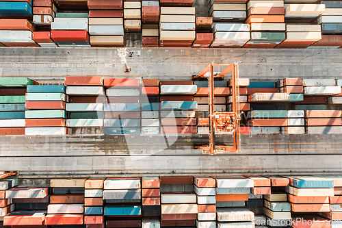 Image of Aerial view of shipping container port terminal. Colourful pattern of containers in harbor. Maritime logistics global inport export trade transportation.