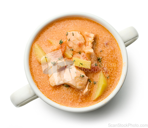 Image of bowl of salmon and tomato soup with potatoes