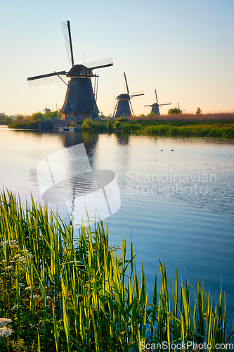 Image of Windmills at Kinderdijk in Holland. Netherlands