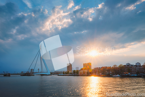 Image of Rotterdam skyline cityscape with Erasmusbrug bridge over Nieuwe Maas in contre-jur on sunse, Netherlands.