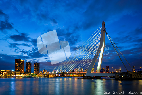 Image of View of Erasmus Bridge Erasmusbrug and Rotterdam skyline. Rotterdam, Netherlands