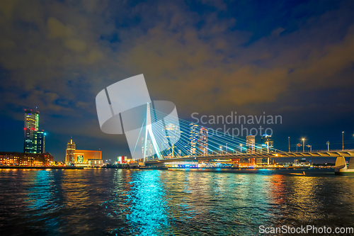 Image of View of Erasmus Bridge Erasmusbrug and Rotterdam skyline. Rotterdam, Netherlands