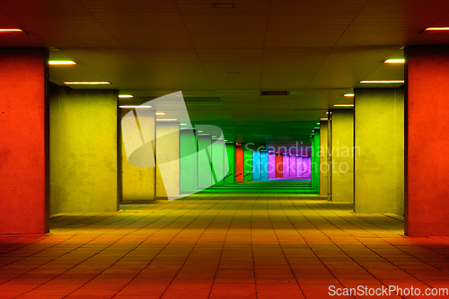 Image of Colorful mulitcolord illuminated gallery tunnel near Museum Park, Rotterdam, The Netherlands