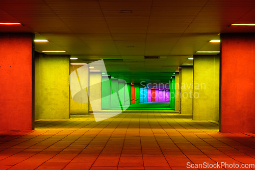 Image of Colorful mulitcolord illuminated gallery tunnel near Museum Park, Rotterdam, The Netherlands