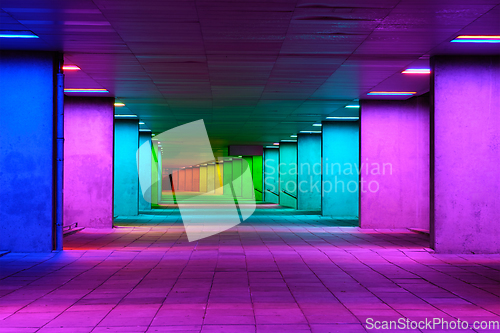 Image of Colorful mulitcolord illuminated gallery tunnel near Museum Park, Rotterdam, The Netherlands