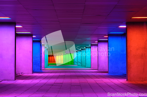 Image of Colorful mulitcolord illuminated gallery tunnel near Museum Park, Rotterdam, The Netherlands