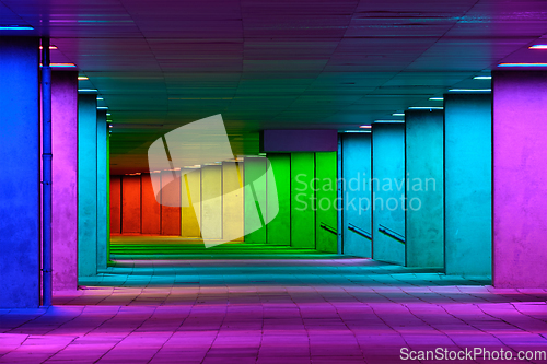 Image of Colorful mulitcolord illuminated gallery tunnel near Museum Park, Rotterdam, The Netherlands