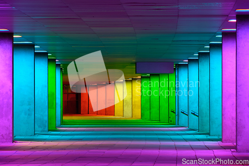 Image of Colorful mulitcolord illuminated gallery tunnel near Museum Park, Rotterdam, The Netherlands