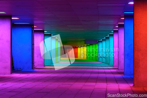 Image of Colorful mulitcolord illuminated gallery tunnel near Museum Park, Rotterdam, The Netherlands