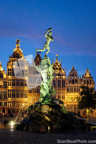 Image of Antwerp Grote Markt with famous Brabo statue and fountain at night, Belgium