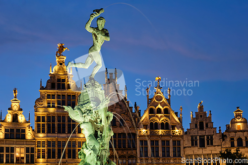 Image of Antwerp Grote Markt with famous Brabo statue and fountain at night, Belgium