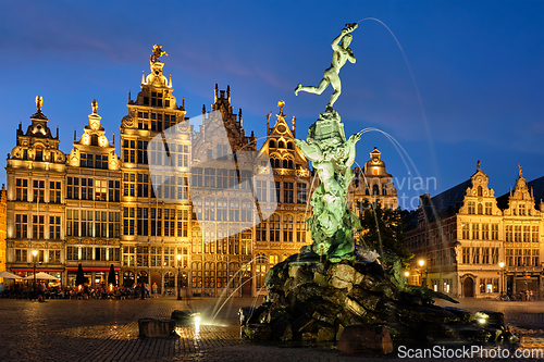 Image of Antwerp Grote Markt with famous Brabo statue and fountain at night, Belgium