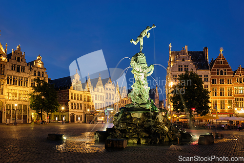 Image of Antwerp Grote Markt with famous Brabo statue and fountain at night, Belgium