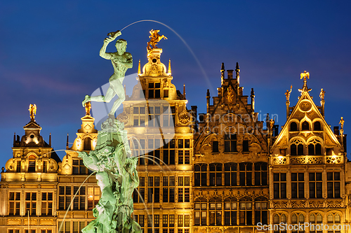 Image of Antwerp Grote Markt with famous Brabo statue and fountain at night, Belgium