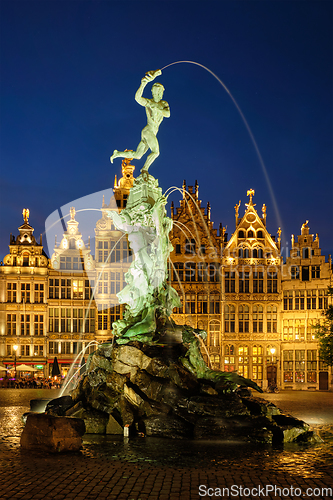 Image of Antwerp Grote Markt with famous Brabo statue and fountain at night, Belgium