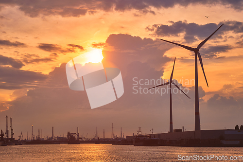 Image of Wind turbines in Antwerp port on sunset.