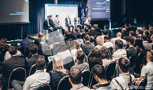 Image of Round table discussion at business conference meeting event.. Audience at the conference hall. Business and entrepreneurship symposium.