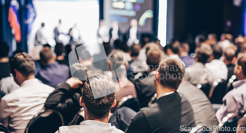 Image of Round table discussion at business conference meeting event.. Audience at the conference hall. Business and entrepreneurship symposium.