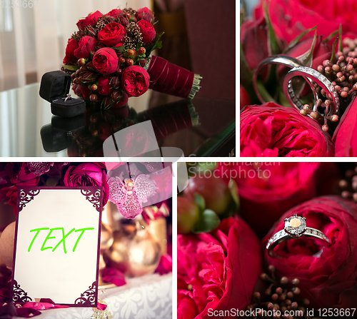 Image of Collage of wedding photos. Bridal bouquet, dress, beautiful decoration, flowers and floral, ceremony