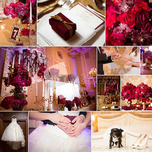 Image of Collage of wedding photos. Bridal bouquet, dress, beautiful decoration, flowers and floral, ceremony