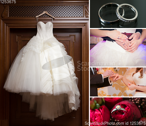 Image of Collage of wedding photos. Bridal bouquet, dress, beautiful decoration, flowers and floral, ceremony