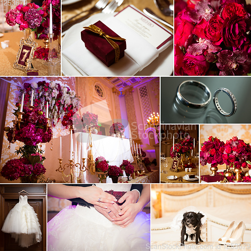 Image of Collage of wedding photos. Bridal bouquet, dress, beautiful decoration, flowers and floral, ceremony